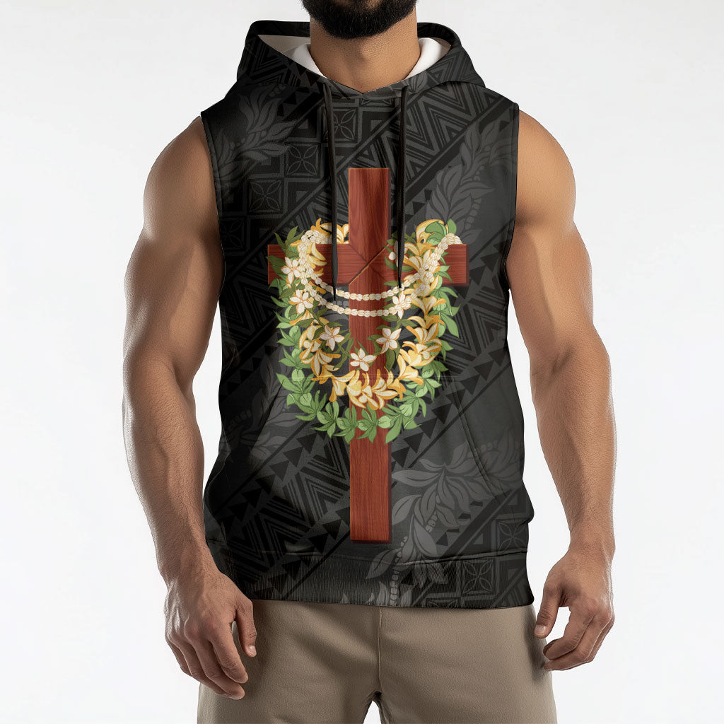 Hawaii Ka Pule a ka Haku Memorial Sleeveless Hoodie Flower Lei Cross - Black LT7 - Polynesian Pride