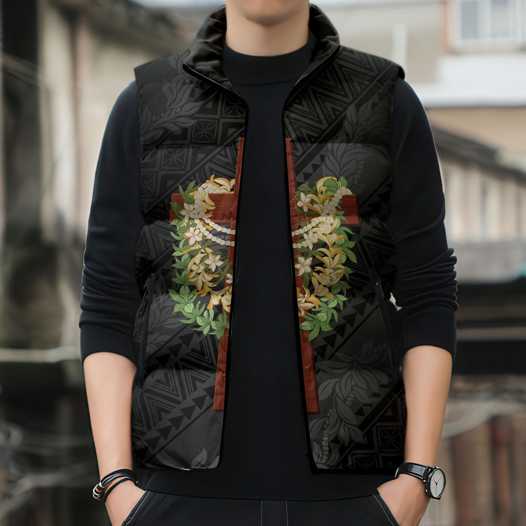 Hawaii Ka Pule a ka Haku Memorial Sleeveless Puffer Jacket Flower Lei Cross - Black LT7 - Polynesian Pride