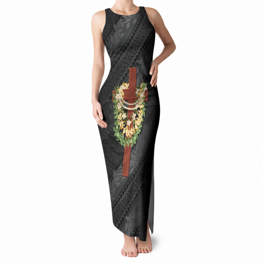 Hawaii Ka Pule a ka Haku Memorial Tank Maxi Dress Flower Lei Cross - Black LT7 Women Black - Polynesian Pride