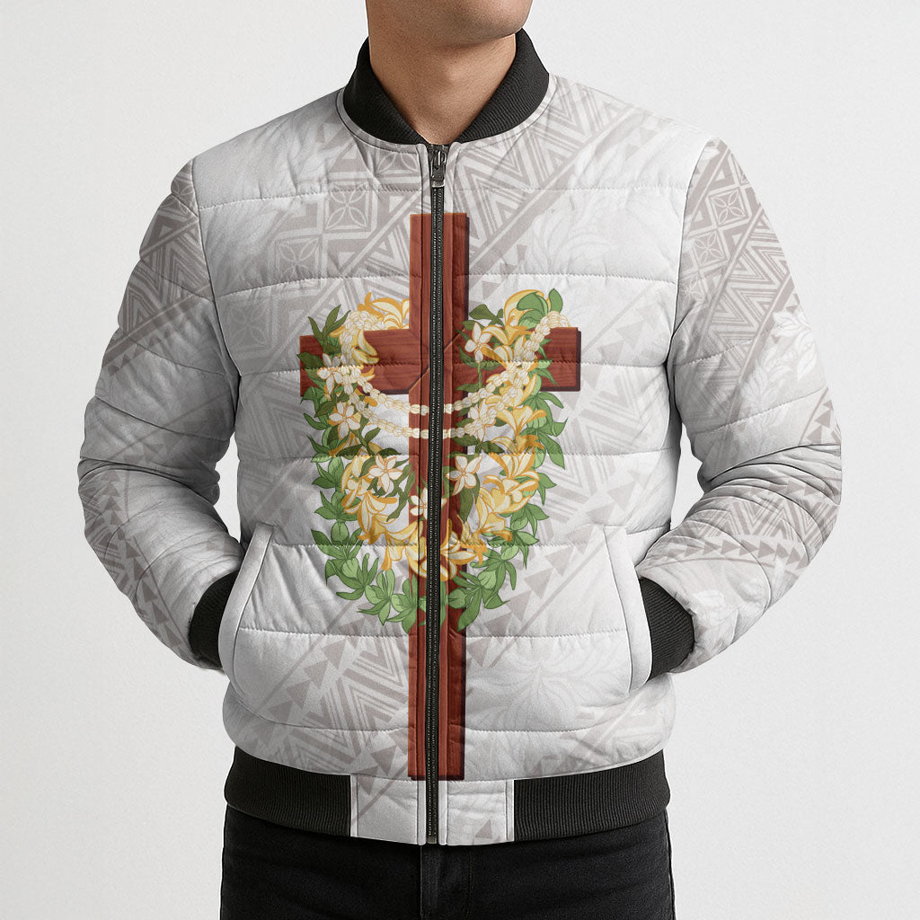 Hawaii Ka Pule a ka Haku Memorial Bomber Puffer Jacket Flower Lei Cross - Ivory White LT7 - Polynesian Pride