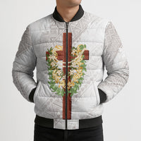 Hawaii Ka Pule a ka Haku Memorial Bomber Puffer Jacket Flower Lei Cross - Ivory White LT7 - Polynesian Pride