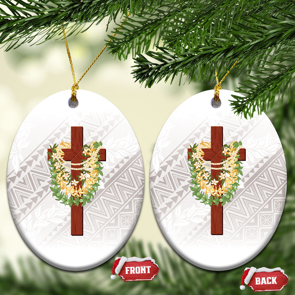 Hawaii Ka Pule a ka Haku Memorial Ceramic Ornament Flower Lei Cross - Ivory White LT7 Oval Ivory - Polynesian Pride