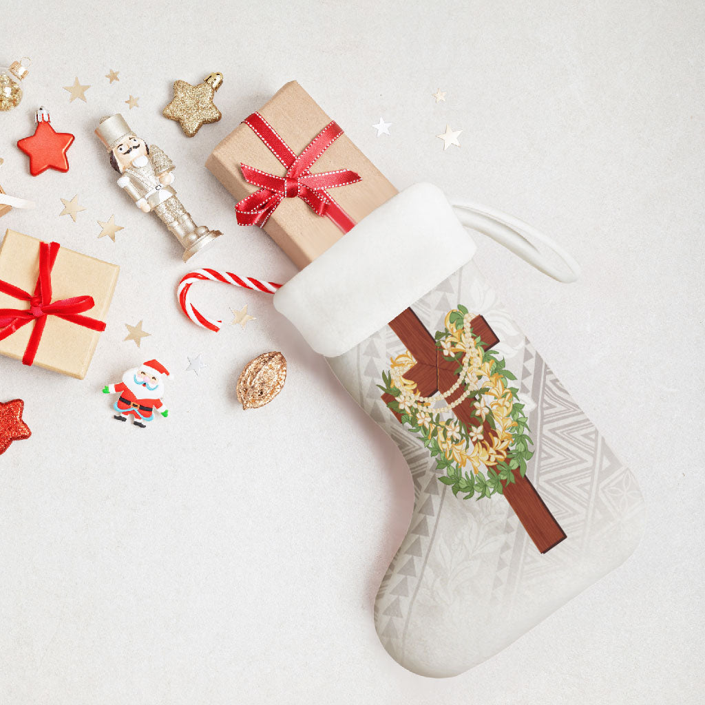 Hawaii Ka Pule a ka Haku Memorial Christmas Stocking Flower Lei Cross - Ivory White LT7 - Polynesian Pride
