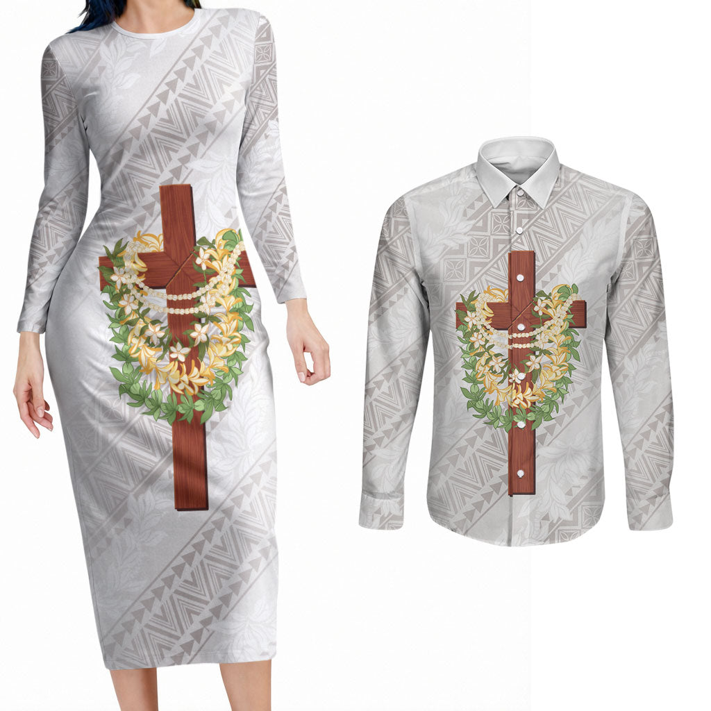 Hawaii ⁠Ka Pule a ka Haku Memorial Couples Matching Long Sleeve Bodycon Dress and Long Sleeve Button Shirt Flower Lei Cross - Ivory White