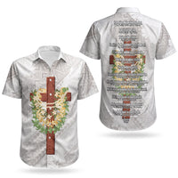 Hawaii Ka Pule a ka Haku Memorial Couples Matching Off The Shoulder Long Sleeve Dress and Hawaiian Shirt Flower Lei Cross - Ivory White LT7 - Polynesian Pride