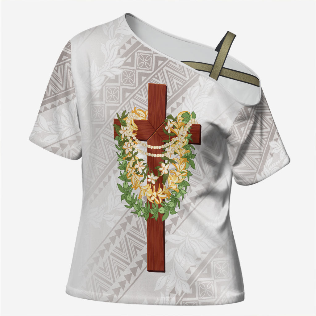 Hawaii Ka Pule a ka Haku Memorial Cross Shoulder Shirt Flower Lei Cross - Ivory White LT7 Female Ivory - Polynesian Pride