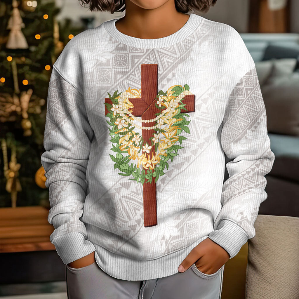 Hawaii Ka Pule a ka Haku Memorial Kid Ugly Christmas Sweater Flower Lei Cross - Ivory White LT7 - Polynesian Pride