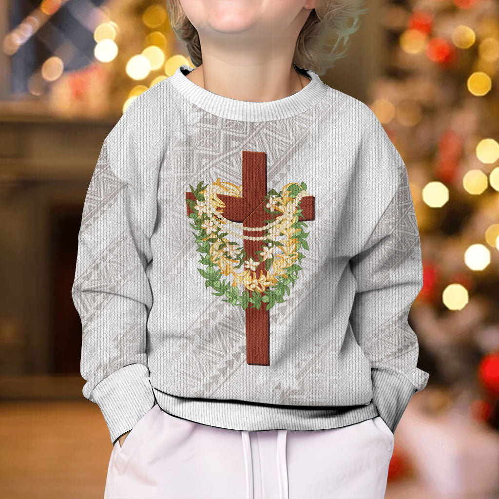 Hawaii Ka Pule a ka Haku Memorial Kid Ugly Christmas Sweater Flower Lei Cross - Ivory White LT7 - Polynesian Pride