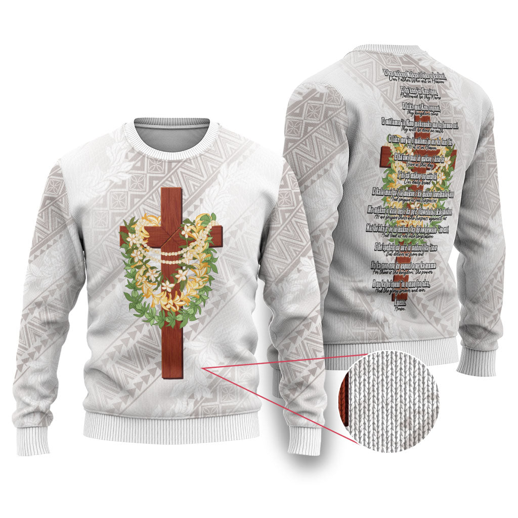 Hawaii Ka Pule a ka Haku Memorial Ugly Christmas Sweater Flower Lei Cross - Ivory White LT7 Ivory - Polynesian Pride