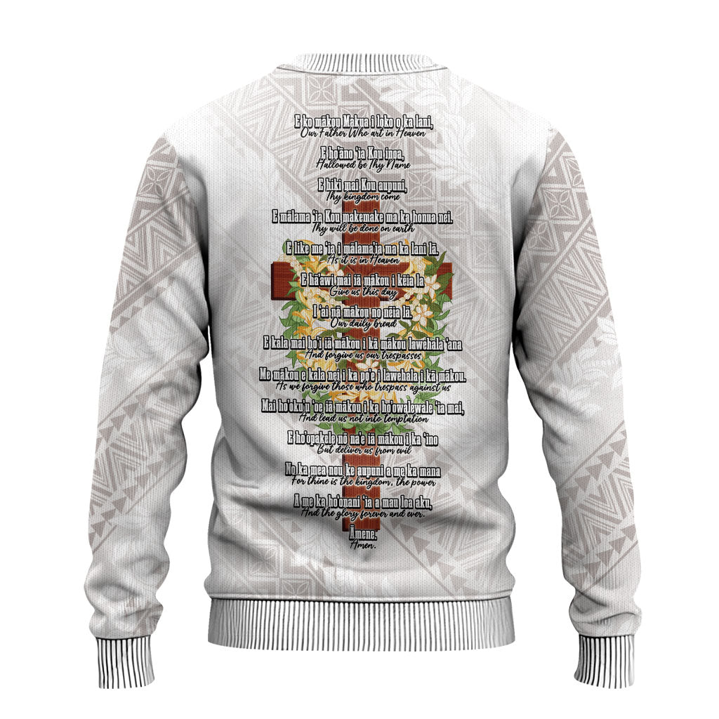 Hawaii Ka Pule a ka Haku Memorial Ugly Christmas Sweater Flower Lei Cross - Ivory White LT7 - Polynesian Pride