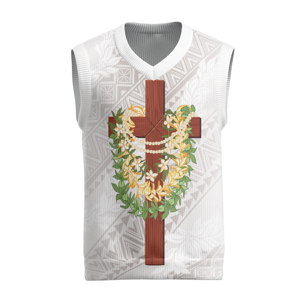 Hawaii Ka Pule a ka Haku Memorial Christmas Knitted V-Neck Vest Flower Lei Cross - Ivory White LT7 Ivory - Polynesian Pride