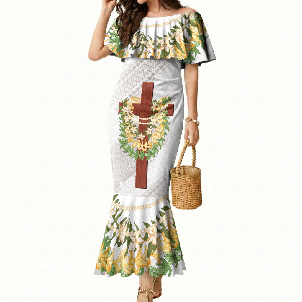 Hawaii Ka Pule a ka Haku Memorial Mermaid Dress Flower Lei Cross - Ivory White LT7 Women Ivory - Polynesian Pride