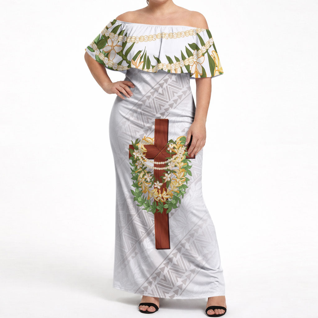 Hawaii ⁠Ka Pule a ka Haku Memorial Off Shoulder Maxi Dress Flower Lei Cross - Ivory White