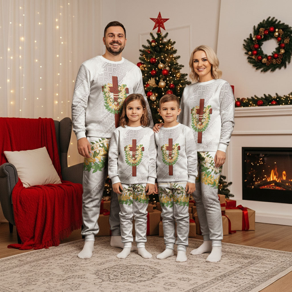 Hawaii Ka Pule a ka Haku Memorial Christmas Pajama Set Flower Lei Cross - Ivory White LT7 - Polynesian Pride