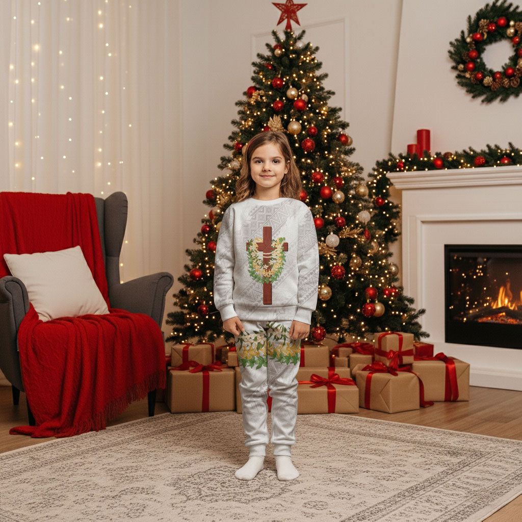 Hawaii Ka Pule a ka Haku Memorial Christmas Pajama Set Flower Lei Cross - Ivory White LT7 Kid Ivory - Polynesian Pride
