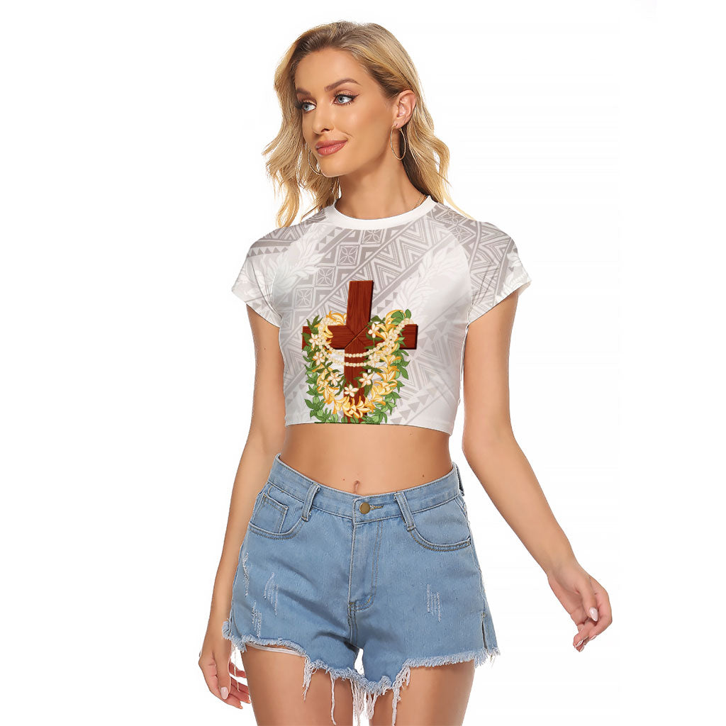 Hawaii Ka Pule a ka Haku Memorial Raglan Cropped T Shirt Flower Lei Cross - Ivory White LT7 Female Ivory - Polynesian Pride