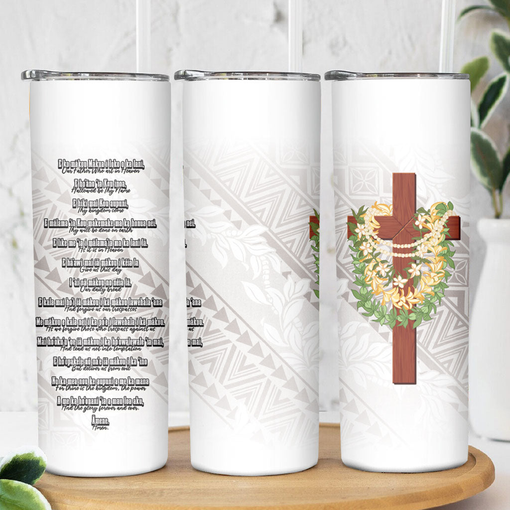 Hawaii Ka Pule a ka Haku Memorial Skinny Tumbler Flower Lei Cross - Ivory White LT7 - Polynesian Pride