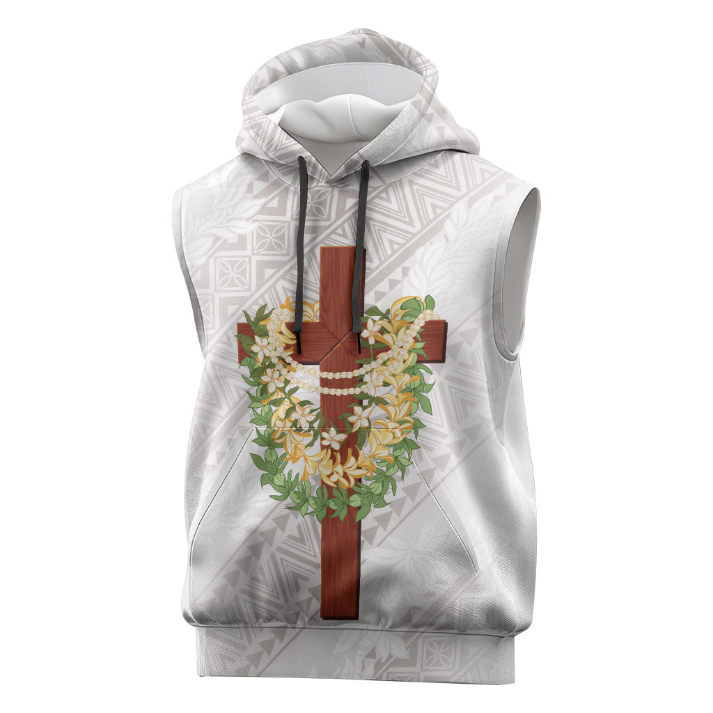 Hawaii Ka Pule a ka Haku Memorial Sleeveless Hoodie Flower Lei Cross - Ivory White LT7 Ivory - Polynesian Pride