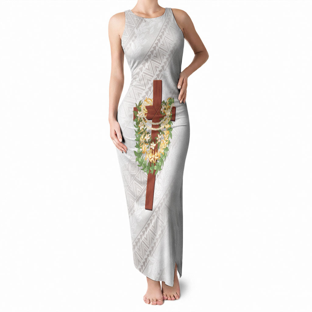 Hawaii Ka Pule a ka Haku Memorial Tank Maxi Dress Flower Lei Cross - Ivory White LT7 Women Ivory - Polynesian Pride