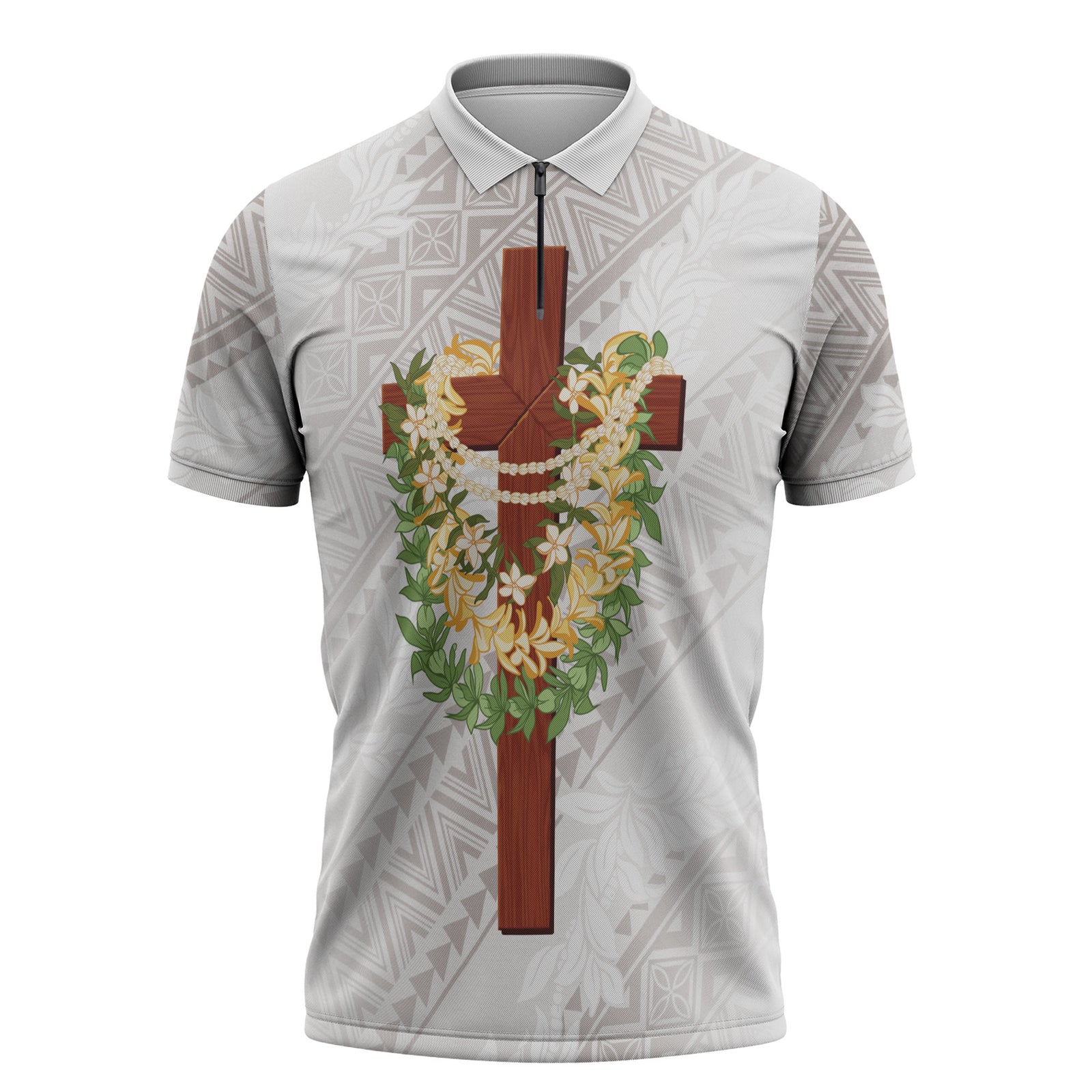 Hawaii Ka Pule a ka Haku Memorial Zipper Polo Shirt Flower Lei Cross - Ivory White LT7 Ivory - Polynesian Pride