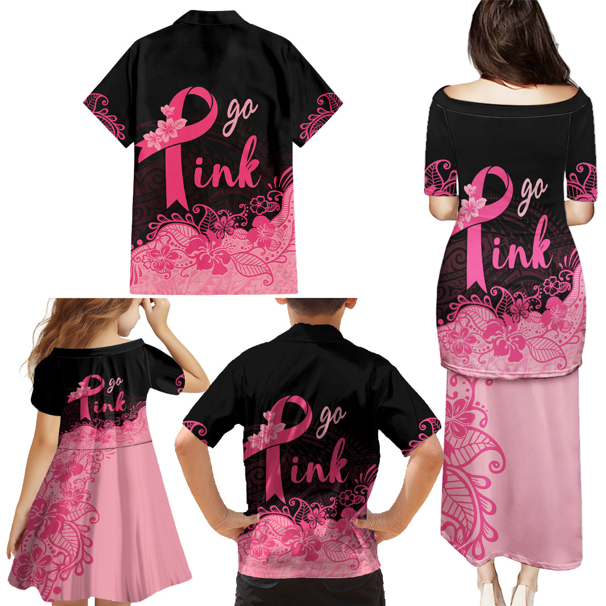 Polynesian Family Matching Puletasi Dress and Hawaiian Shirt Plumeria Breast Cancer Awareness Survivor Ribbon Pink LT7 - Polynesian Pride