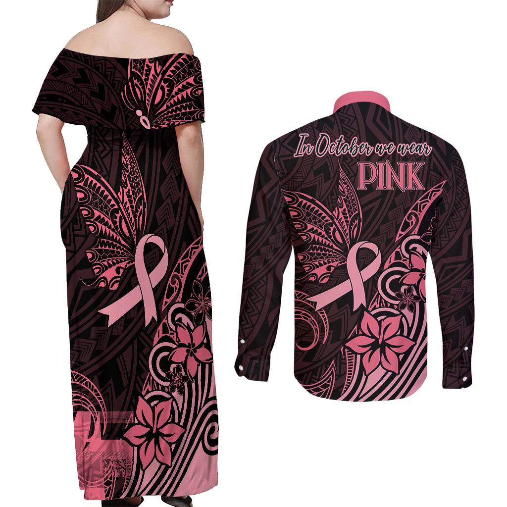 Polynesian Couples Matching Off Shoulder Maxi Dress and Long Sleeve Button Shirts Breast Cancer RIbbon Butterfly Mix Plumeria Curves Pink LT7 - Polynesian Pride