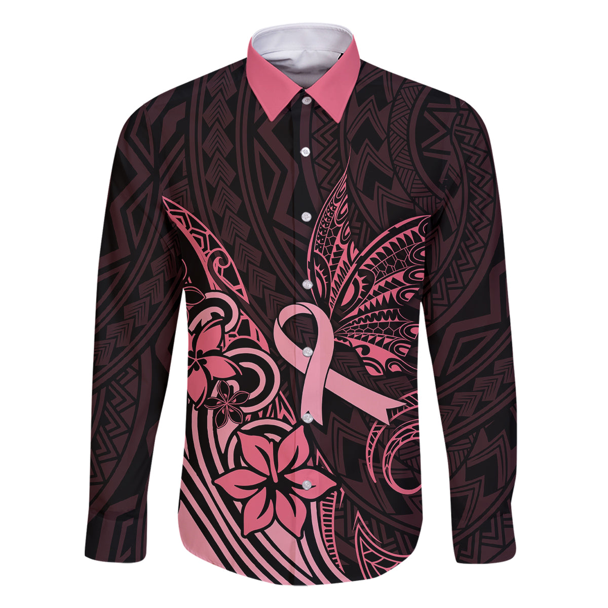 Polynesian Family Matching Mermaid Dress and Hawaiian Shirt Breast Cancer RIbbon Butterfly Mix Plumeria Curves Pink LT7 Dad's Shirt - Long Sleeve Black Pink - Polynesian Pride