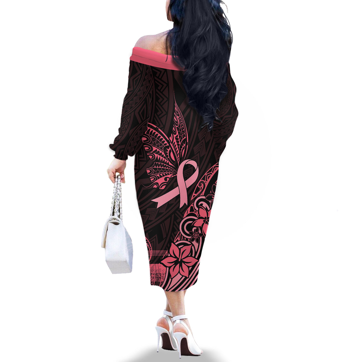 Polynesian Off The Shoulder Long Sleeve Dress Breast Cancer RIbbon Butterfly Mix Plumeria Curves Pink LT7 - Polynesian Pride
