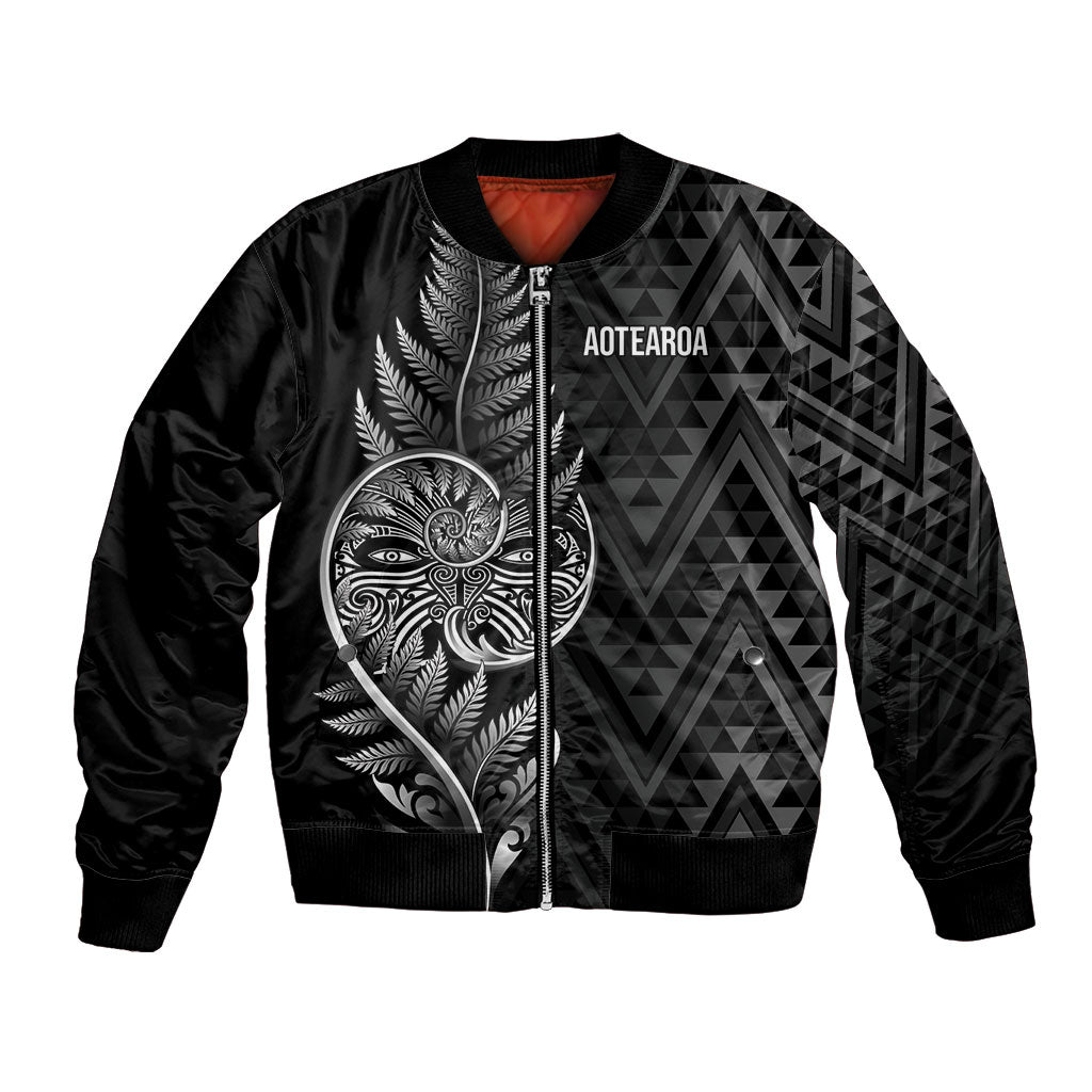 New Zealand Ta Moko Silver Fern Bomber Jacket Taniko Taniwha Motifs LT7 Unisex Black - Polynesian Pride