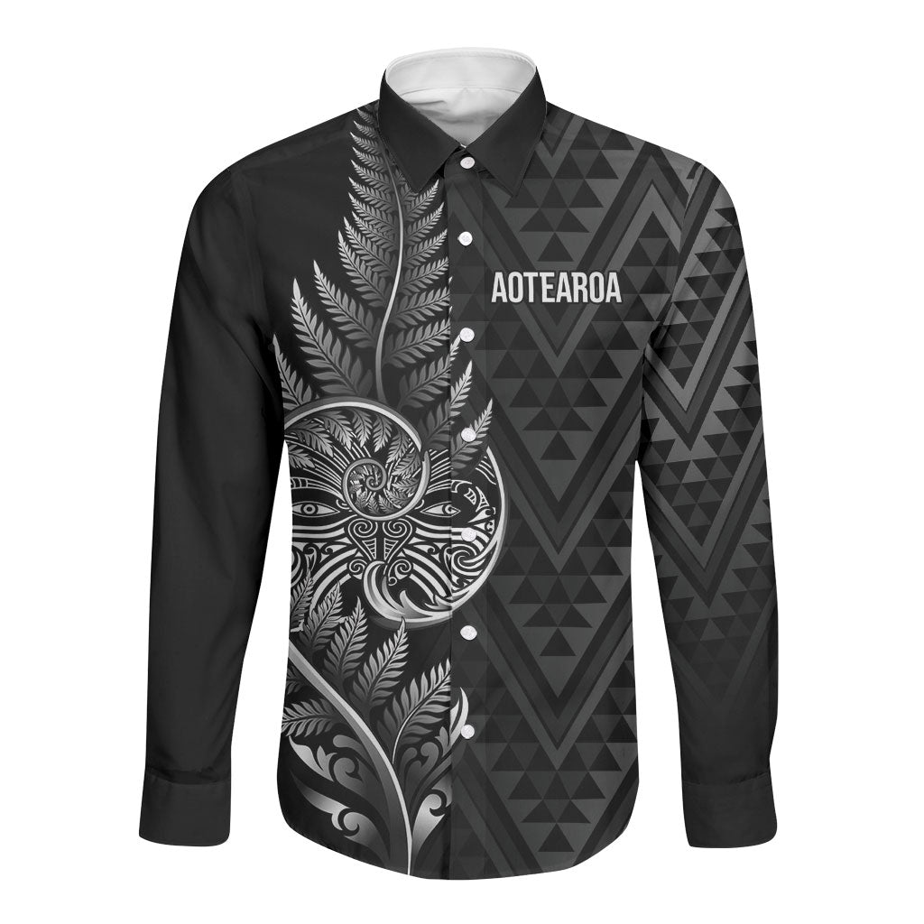 New Zealand Ta Moko Silver Fern Long Sleeve Button Shirt Taniko Taniwha Motifs