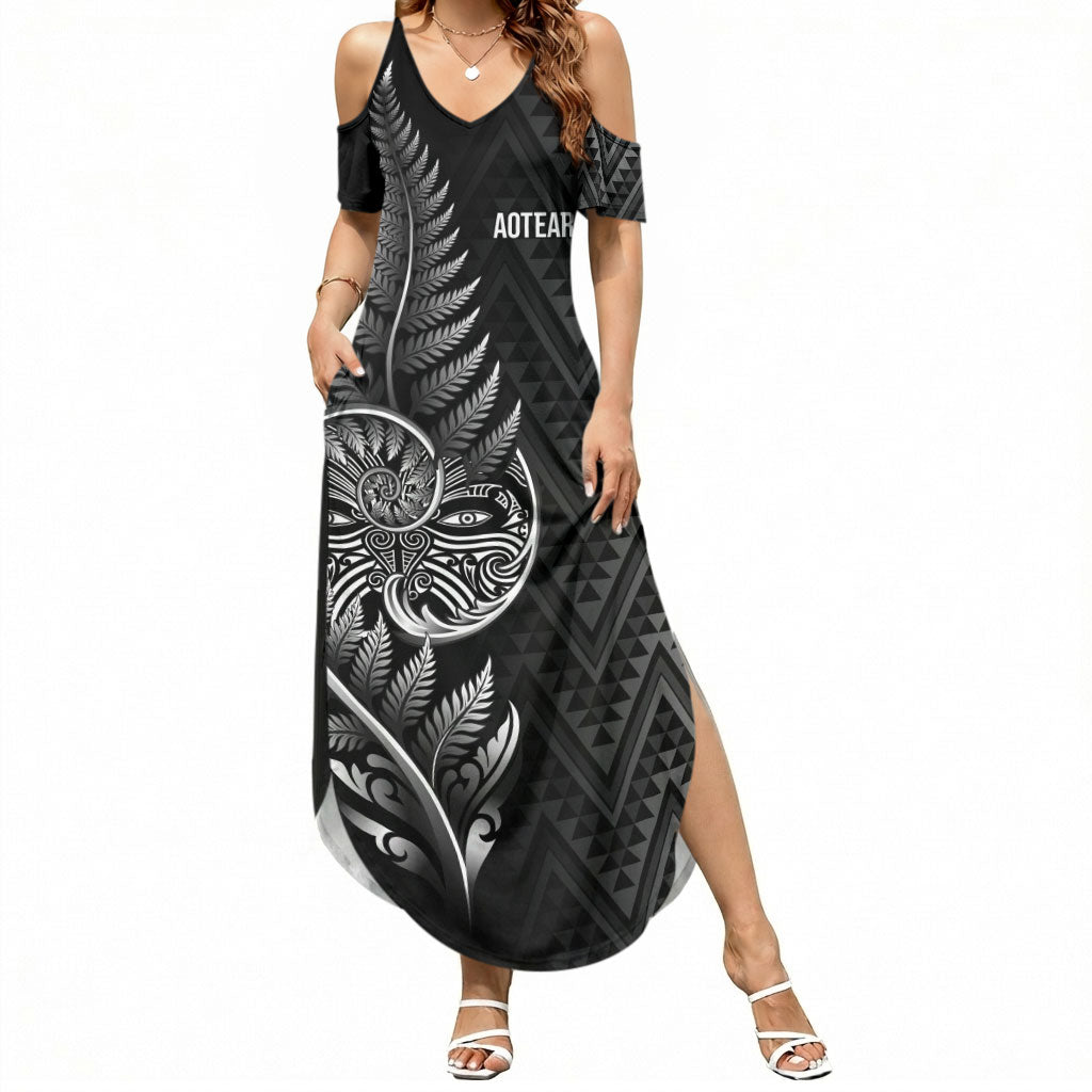 New Zealand Ta Moko Silver Fern Summer Maxi Dress Taniko Taniwha Motifs