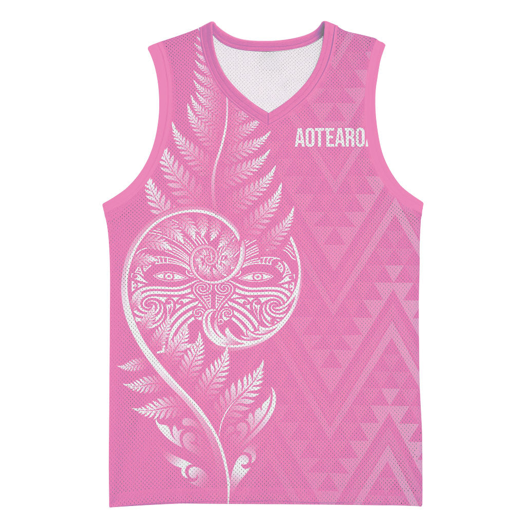 New Zealand Ta Moko Silver Fern Pink Basketball Jersey Taniko Taniwha Motifs LT7 Unisex Pink - Polynesian Pride