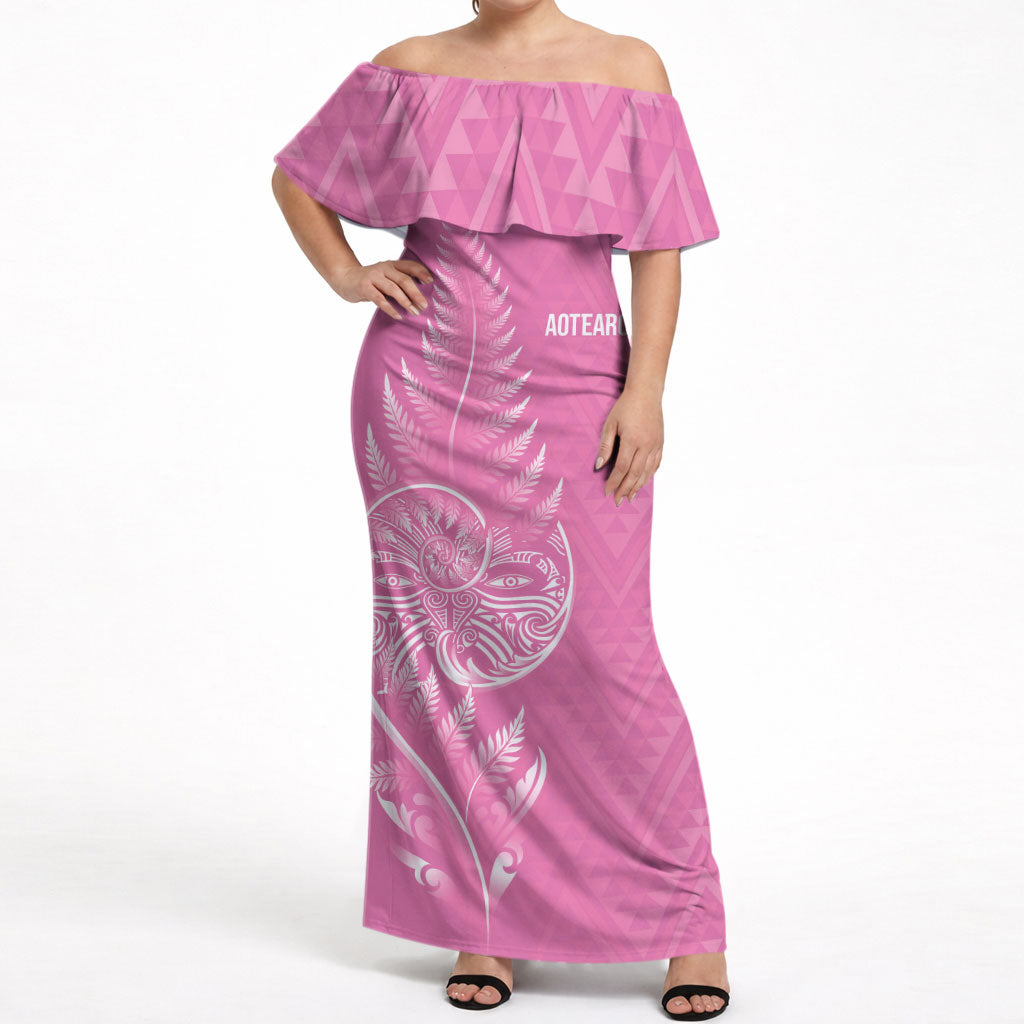 New Zealand Ta Moko Silver Fern Pink Off Shoulder Maxi Dress Taniko Taniwha Motifs