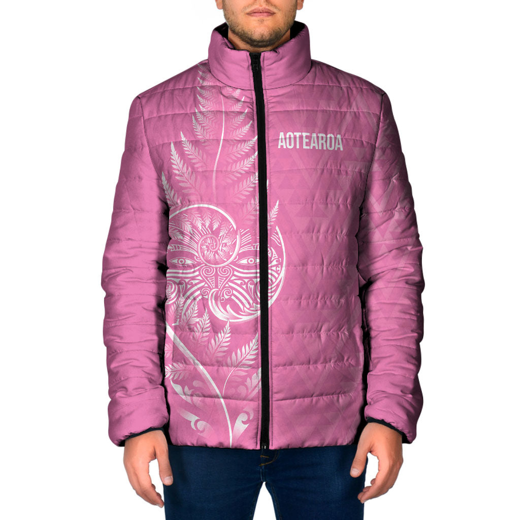 New Zealand Ta Moko Silver Fern Pink Padded Jacket Taniko Taniwha Motifs LT7 Men Pink - Polynesian Pride