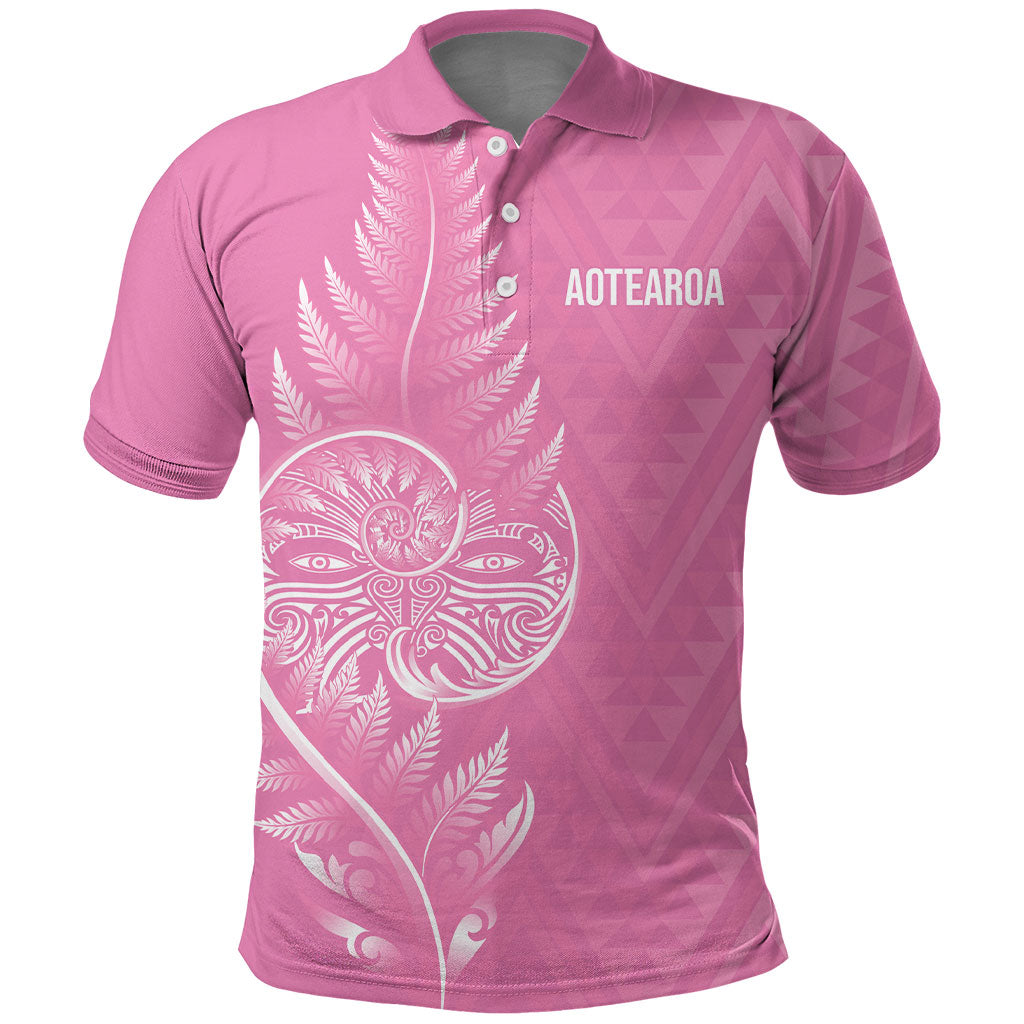 New Zealand Ta Moko Silver Fern Pink Polo Shirt Taniko Taniwha Motifs