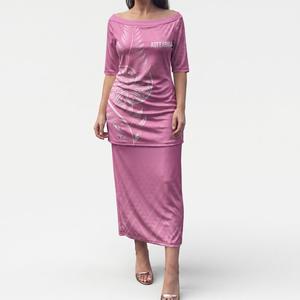 New Zealand Ta Moko Silver Fern Pink Puletasi Taniko Taniwha Motifs LT7 Long Dress Pink - Polynesian Pride