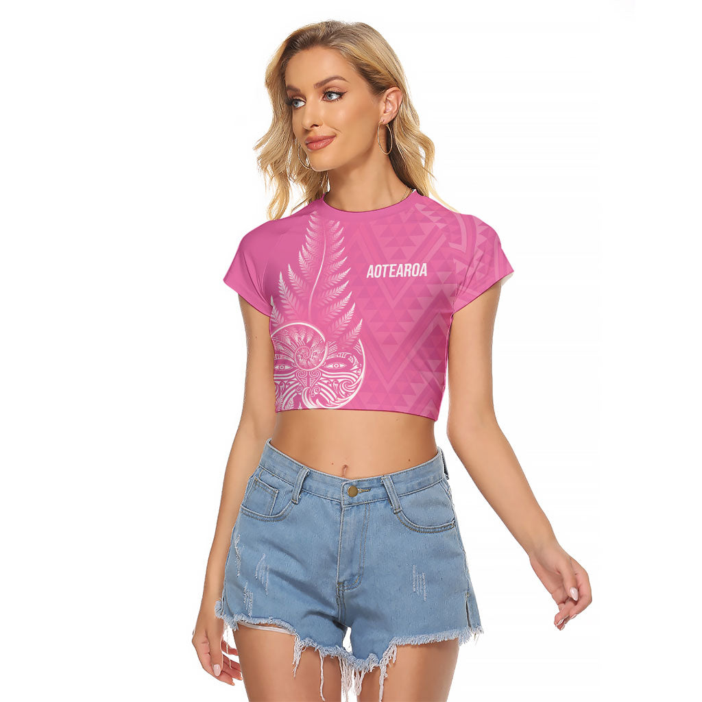 New Zealand Ta Moko Silver Fern Pink Raglan Cropped T Shirt Taniko Taniwha Motifs