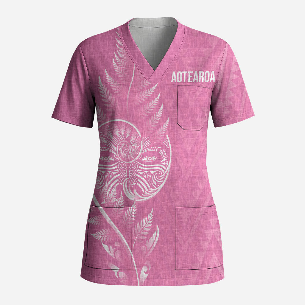 New Zealand Ta Moko Silver Fern Pink Scrub Top Taniko Taniwha Motifs LT7 Adult Pink - Polynesian Pride