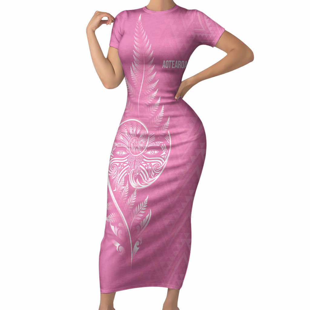 New Zealand Ta Moko Silver Fern Pink Short Sleeve Bodycon Dress Taniko Taniwha Motifs LT7 Long Dress Pink - Polynesian Pride