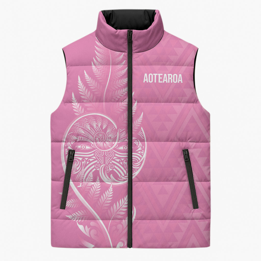 New Zealand Ta Moko Silver Fern Pink Sleeveless Puffer Jacket Taniko Taniwha Motifs LT7 Unisex Pink - Polynesian Pride