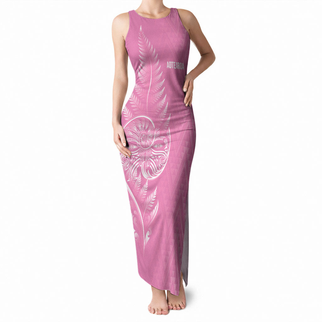 New Zealand Ta Moko Silver Fern Pink Tank Maxi Dress Taniko Taniwha Motifs