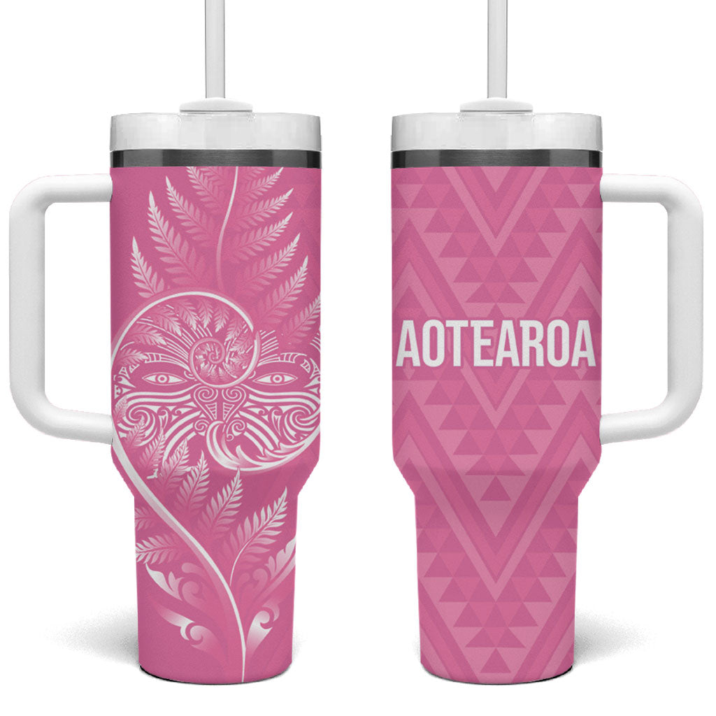 New Zealand Ta Moko Silver Fern Pink Tumbler With Handle Taniko Taniwha Motifs LT7 One Size: 40 oz Pink - Polynesian Pride