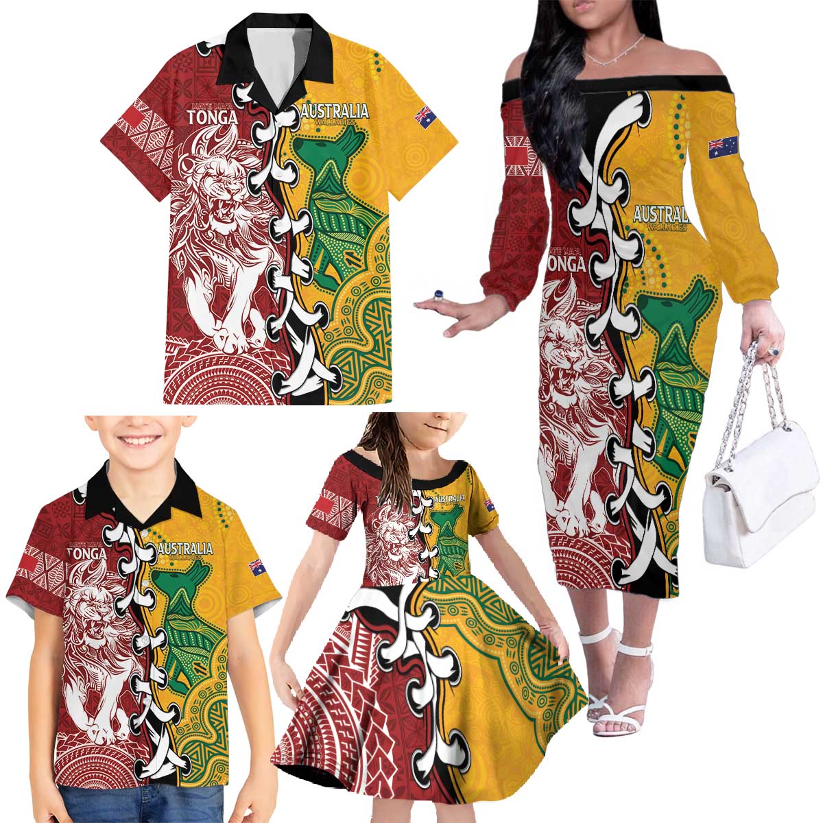 Mate Ma'a Tonga Vs Australia Rugby Personalized Family Matching Off The Shoulder Long Sleeve Dress and Hawaiian Shirt Special Mascots LT7 - Polynesian Pride
