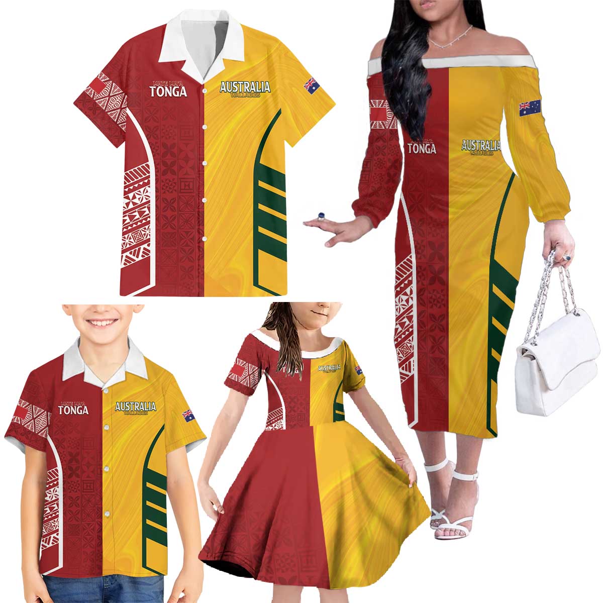 Australia - Tonga Rugby Custom Family Matching Off The Shoulder Long Sleeve Dress and Hawaiian Shirt Minimalist Dynamic LT7 - Polynesian Pride
