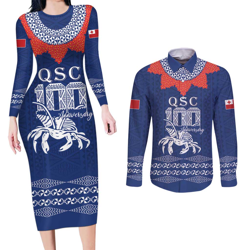 Queen Salote College 100 Years Anniversary Personalized Couples Matching Long Sleeve Bodycon Dress and Long Sleeve Button Shirt Tonga QSC Royal Blue LT7 Royal Blue - Polynesian Pride
