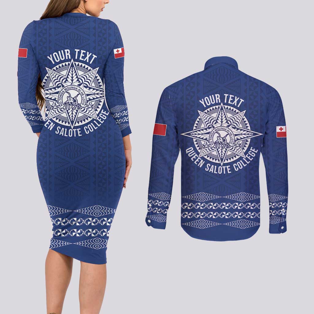 Queen Salote College 100 Years Anniversary Personalized Couples Matching Long Sleeve Bodycon Dress and Long Sleeve Button Shirt Tonga QSC Royal Blue LT7 - Polynesian Pride