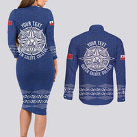 Queen Salote College 100 Years Anniversary Personalized Couples Matching Long Sleeve Bodycon Dress and Long Sleeve Button Shirt Tonga QSC Royal Blue LT7 - Polynesian Pride