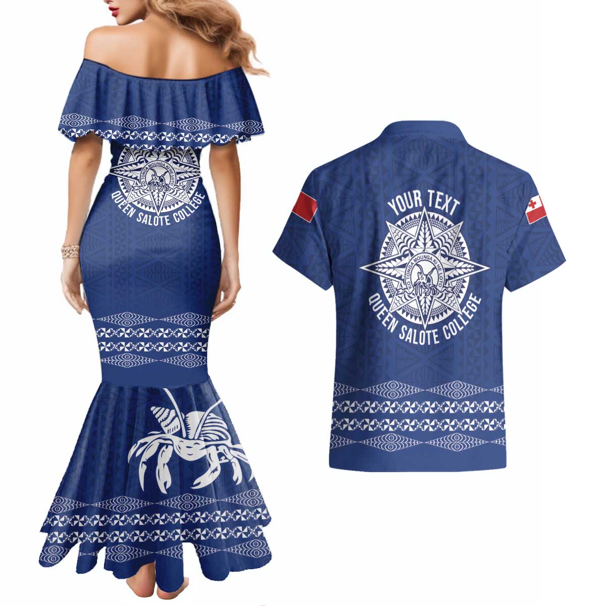 Queen Salote College 100 Years Anniversary Personalized Couples Matching Mermaid Dress and Hawaiian Shirt Tonga QSC Royal Blue LT7 - Polynesian Pride