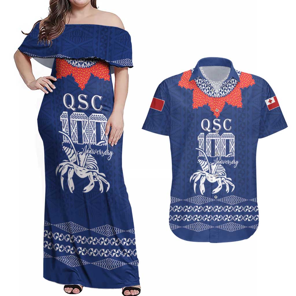 Queen Salote College 100 Years Anniversary Personalized Couples Matching Off Shoulder Maxi Dress and Hawaiian Shirt Tonga QSC Royal Blue LT7 Royal Blue - Polynesian Pride