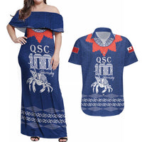Queen Salote College 100 Years Anniversary Personalized Couples Matching Off Shoulder Maxi Dress and Hawaiian Shirt Tonga QSC Royal Blue LT7 Royal Blue - Polynesian Pride